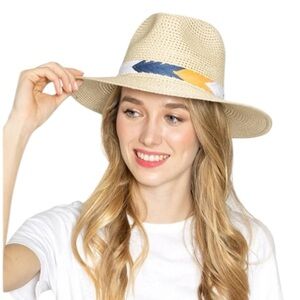 Ivory Straw Panama Hat Chevron Band Fedora Summer Beach Hat One Size